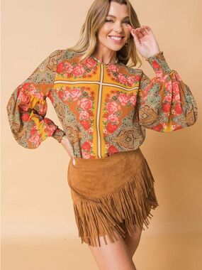Flying Tomato Mood Setter Woven Top Mustard Floral Boho Blouse Women’s Medium